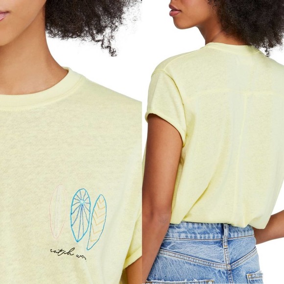 Free People T-Shirt XS Wipeout Neon Green Graphic Short Sleeve Catch Waves NWT - Picture 2 of 9